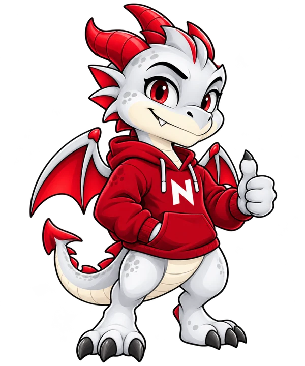 Mascote da Nexus GG, um dragão branco de moletom vermelho fazendo joinha